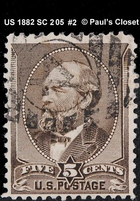 US 1882 SC 205 GARFIELD 5¢ YELLOW BRN USED NO GUM HANDSTAMPED CANX F/VFINE #2 - Image 1 of 2