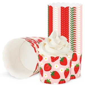 100Pcs Strawberry Baking Cups Pink Red Strawberry Flower Cupcake Wrappers Pap... - Picture 1 of 7