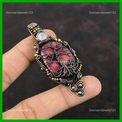 Nuevo colgante de cobre natural rodonita arco iris piedra lunar alambre envuelto árbol de la vida Foto 1 de 4