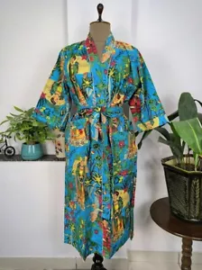 Indisch Türkis Frida Kahlo Baumwolle Lang Kimono Bademantel Nacht Maxi Robe US - Bild 1 von 4