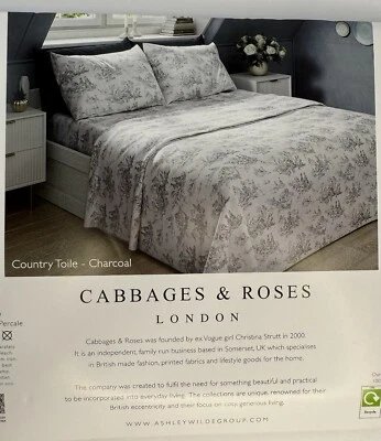 Cabbages and Roses King Sheet Set Country Toile Charcoal 100% Cotton Percale New - Image 1 of 4