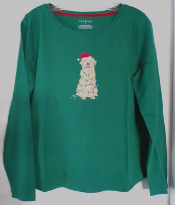 NWT NEW TALBOTS SZ MEDIUM CHRISTMAS HOLIDAY FESTIVE DOG TEE GREEN MULTI $59.50 - Image 1 of 4
