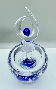 MODERNIST ART GLASS PERFUME BOTTLE PAPERWEIGHT WITH STOPPER CLEAR & COBALT  BLUE - Picture 1 of 5