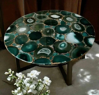 Luxury Green Agate Round Table Top – Handmade Gemstone Art Dining Coffee Table - Image 1 of 4