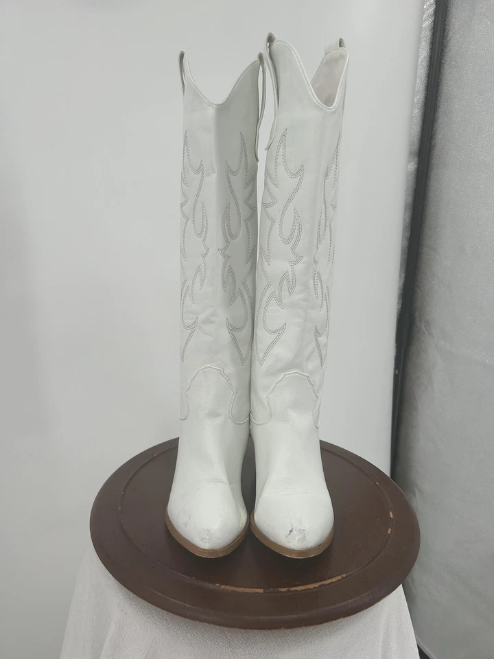 Cowboy Western Boots Womens Size 5 White Tall Knee High Embroidered Stacked Heel - Image 1 of 4