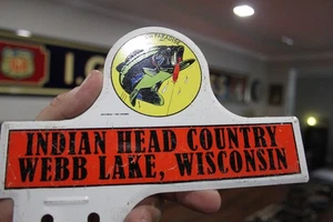 RARE 1950s INDIAN HEAD WEB LAKE WISCONSIN PAINTED METAL SIGN FISH LURE BASS GAS - Picture 1 of 13