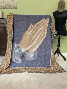 Tapestry Blanket, Praying Hands, Catholic Woven Afghan Throw 52 X 48 In - Picture 1 of 15