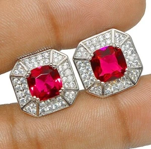 2CT Treated Ruby & White Topaz 925 Solid Sterling Silver Earrings Jewelry - Picture 1 of 1