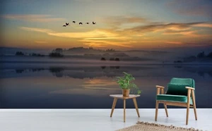 3D Sunset Lake Geese C27 Animal Wallpaper Mural Self-adhesive Removable Zoe - Picture 1 of 12