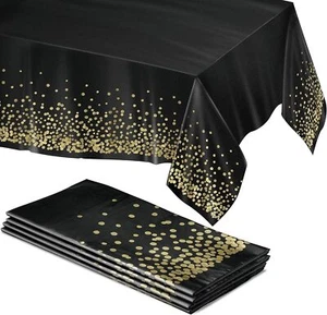 Black and Gold Table Cloths for Parties, 4Pk, 54"X108" - Gold Dot Plastic Tablec - Picture 1 of 3