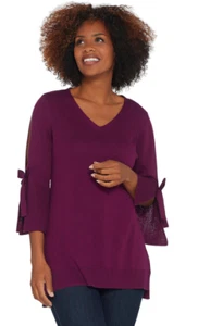 Isaac Mizrahi Live XX-Small V-Neck Split Tie Sleeve Tunic Sweater Vivid Plum 2XS - Picture 1 of 8