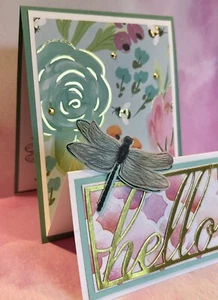 4 Hello Stampin Up Dragonfly Double Easel Gold Foil Floral Greeting Card Kit DIY - Picture 1 of 4