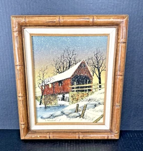 Vintage Hargrove Leinwand Ölgemälde bedeckt verschneite Brücke Americana gerahmt signiert - Bild 1 von 16