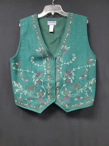 North Crest Hunter Green Wool Cotton Vest W/Embroidery & Buttons Size L 14/ 16 - Picture 1 of 6