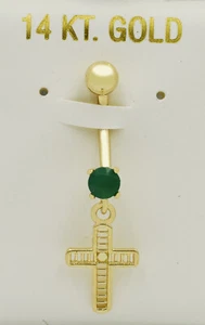 GENUINE GREEN ONYX CROSS BELLY NAVEL RING 14K Solid Gold * FREE SHIPPING * - Picture 1 of 3