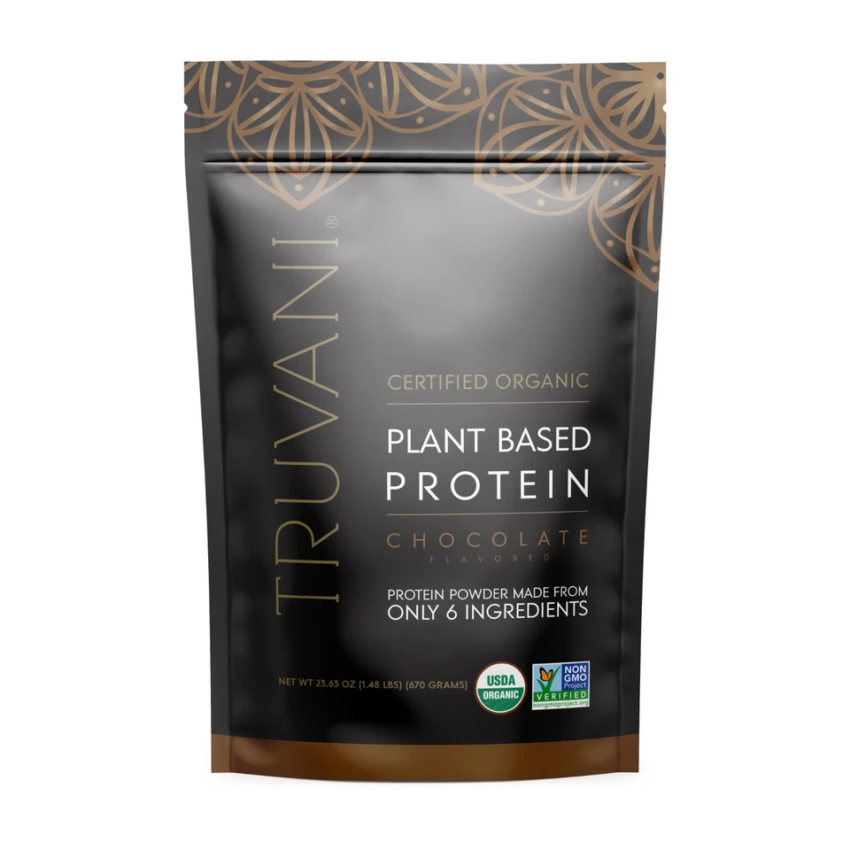 Truvani Plant Based Organic Protein Powder Chocolate 23.6 Oz Vegan Gluten