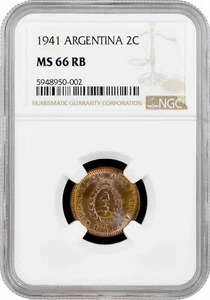 Argentina 2 centavos 1941, NGC MS66 RB, "Argentine Peso (1881-1969)" Top Pop 1/0 - Picture 1 of 2