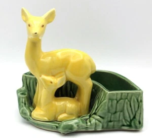 Vintage SHAWNEE POTTERY Planter Yellow Deer & Fawn Green Curved Dish MARKED #669 - Picture 1 of 5