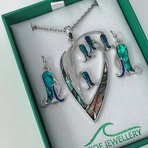 Bluebell Paua Shell Large 50mm Necklace Pendant Earrings Tide Jewellery Gift Set - Picture 1 of 4