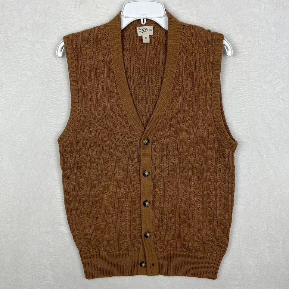 J Crew Cable Cardigan Sweater Vest Mens Small Brown Sleeveless Knit V Neck - Image 1 of 4
