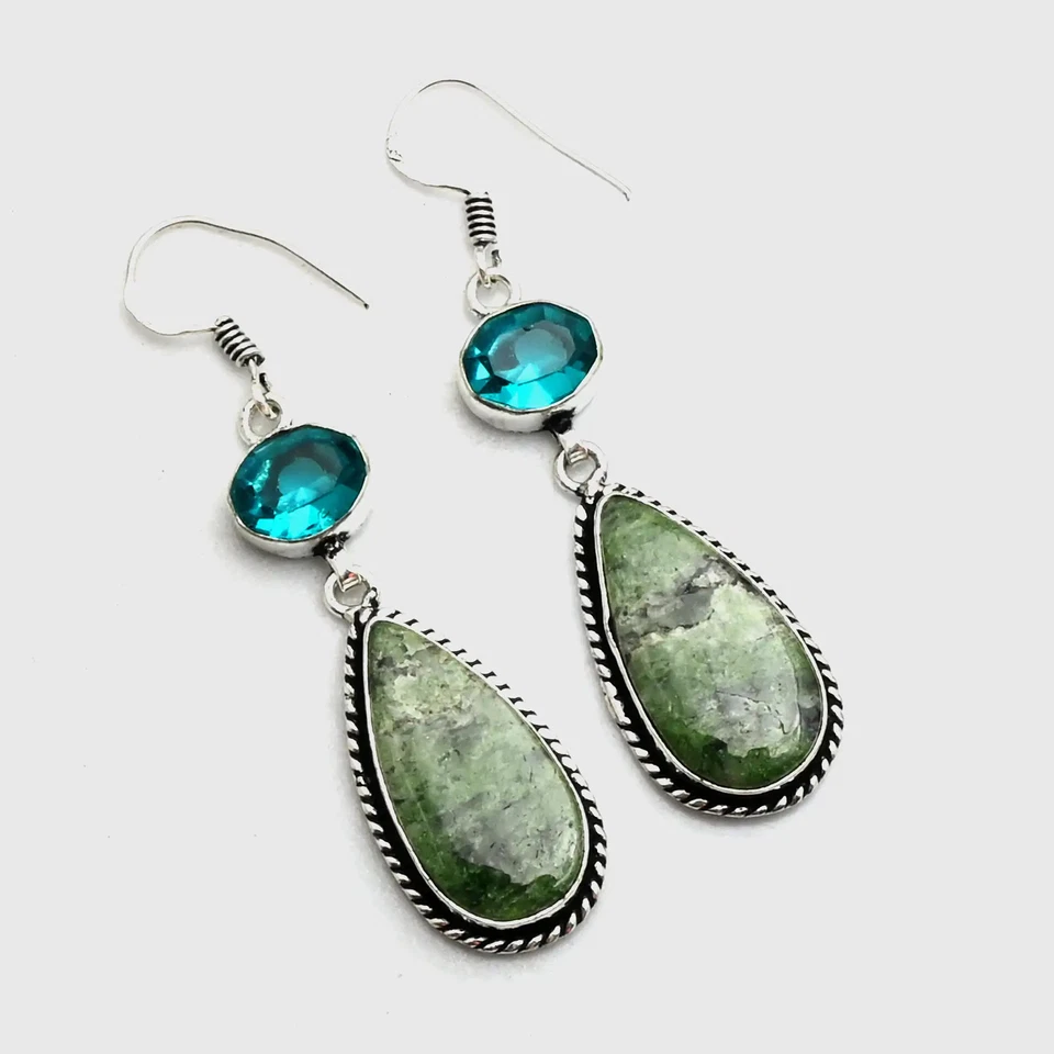 Pendientes colgantes de piedras preciosas de topacio azul de zoisita rubí joyería regalo 1,8" AE-11871 Foto 1 de 1