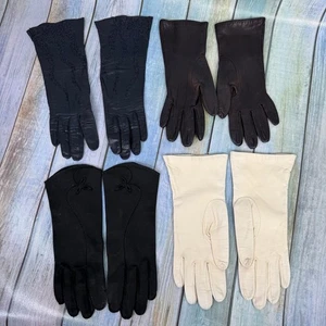 Aris schwarze Lederhandschuhe 4er Set weiß braun blau Baumwolle Vintage Gr. 6,5 - Bild 1 von 9