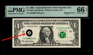 Billete de $1 de la Reserva Federal 1995 Kansas City error de entintado PMG GEMA UNC 66EPQ - Imagen 1 de 3