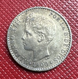 Spain 1900-SMV SILVER 50 Centimos. Alfonso XIII. Strong AU, Lustrous. KM# 705 - Picture 1 of 2
