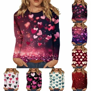 Women's Fashion Casual Long Sleeve Valentine's Day Print Round Neck Top - Picture 1 of 36