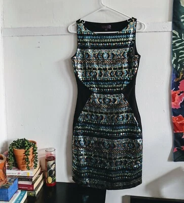 Hale Bob Blue Silver Sequin Stripe Panel Ponte Cocktail Dress XS - Image 1 of 4