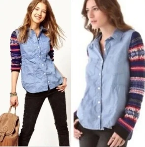 WE THE FREE Chambray Button Down Shirt with Fair Isle Sweater Sleeves M - Picture 1 of 10
