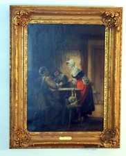 ADOLF BOHM AUSTRIAN (1844-1927) RARE PAINTING A GAME  OF CARDS C 1889 LARGE  42"