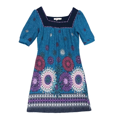 Aryeh Sweater Dress Womens Small Teal Blue Printed Square Neck Boho Cottage Core - Image 1 of 4