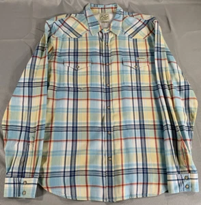 Lucky Brand XXL Western Snap Shirt Blue Green Red Plaid Long Sleeve Cowboy - Picture 1 of 9