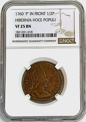 1760 HIBERNIA VOCE POPULI 1/2 P US COLONIAL 'P' IN FRONT NGC VERY FINE 25 BROWN Cover