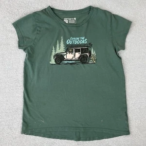 Carhartt Explore The Outdoors T-Shirt Girls Size 10 Green Jeep Dog Crewneck - Picture 1 of 14