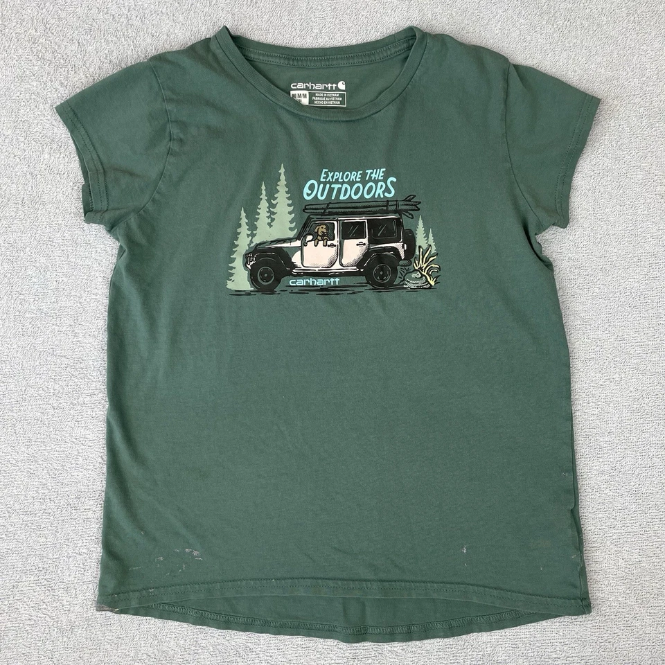 Carhartt Explore The Outdoors T-Shirt Girls Size 10 Green Jeep Dog Crewneck - Image 1 of 4