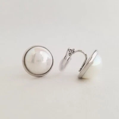 MABE Shell Pearl Clip ON Japanese White 16mm Earrings 14k White Gold Plated - Image 1 of 4