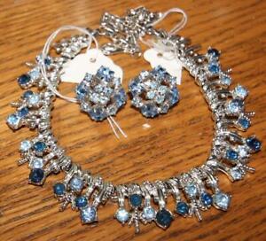 Vintage Signed Coro Set Jewelry Blue Rhinestones Earrings Necklace Silver Tone