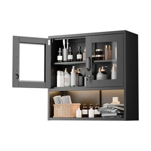 Metal Wall Cabinet with Locking Glass Doors & Magnetic LED Sensor Light Black - Picture 1 of 10