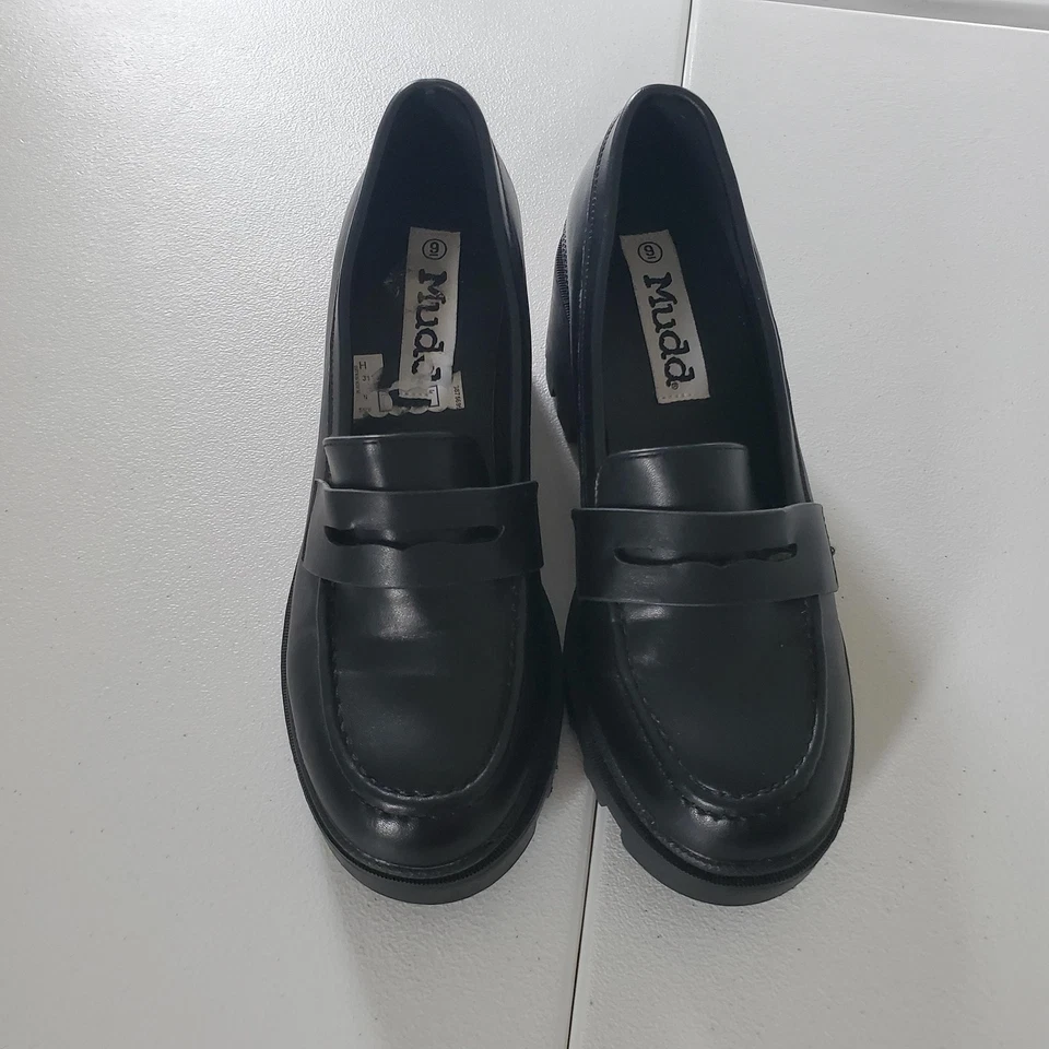Mocasines Y2K Mudd para mujer talla 9 negros suela gruesa correa de centavo plataforma de tacón Foto 1 de 4