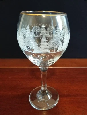 Vtg Libbey Arby's Winter Tree Etched Wine Goblets Gold Rim White Etched Trees 8" - Image 1 of 4