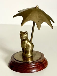 Vintage Brass Cat Under Umbrella On Wooden Stand Mid Century Modern - Picture 1 of 5