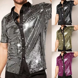 Sequin Decorated Men's Button Down Shirt Suitable for Casual and Festive Wear - Picture 1 of 23