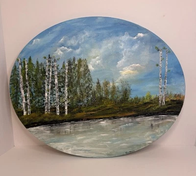 Pintura al óleo original Bear Lake lienzo en forma ovalada 20" X 16" firmada por Kerri Foto 1 de 4