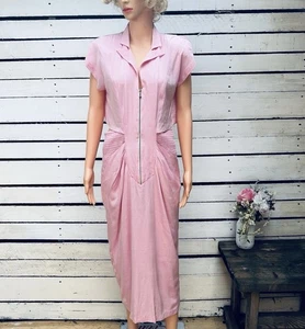 Vintage 1950s Wiggle Dress Womens Size 32w Cut Out Baby Pink Ball Zipper Pin Up - Picture 1 of 10