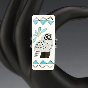 INDIANERRING ZUNI STERLINGSILBER & INTARSIEN EULE VON QUINTIN QUAM - Bild 1 von 6