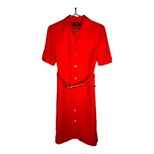 Alex Marie Red Orange Linen Shirt Dress Womens Sz 8 Button Belt Lined Career - Picture 1 of 9