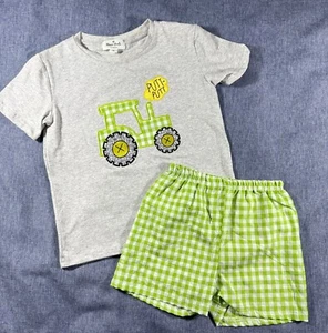 Marie Nicole Boy's Summer Short Set Tractor Size XL Green White Gingham - Picture 1 of 7