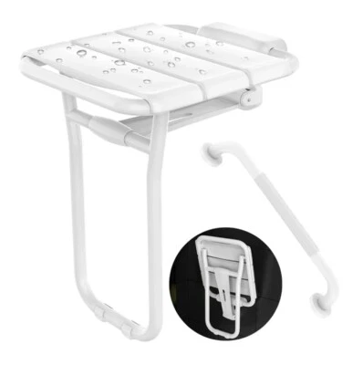Asiento de ducha plegable montado en la pared barra de agarre de 14 x 16 pulgadas tiene capacidad para 500 libras caja abierta Foto 1 de 4